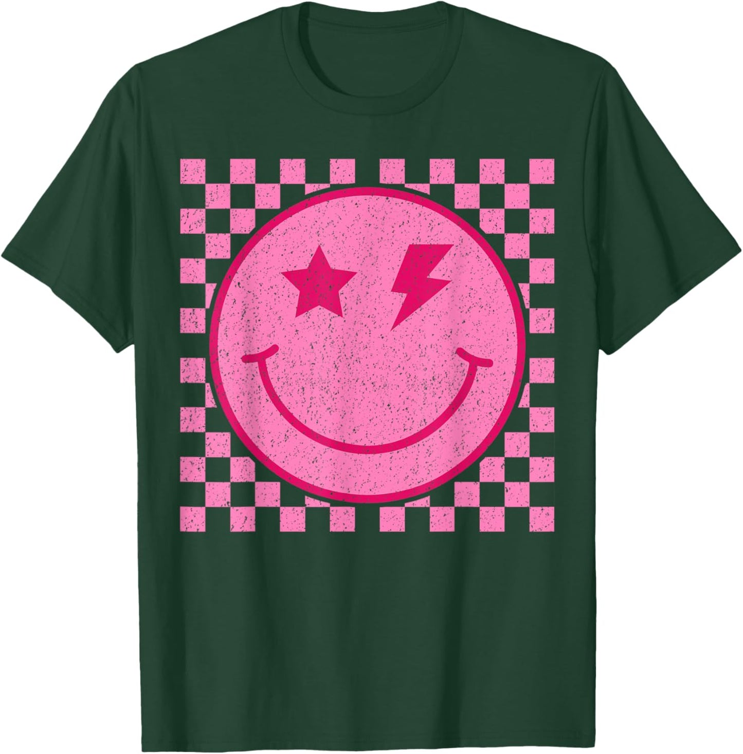 Retro Happy Face Distressed Checkered Pattern Smile Face T-Shirt - T-Shirt | Forest