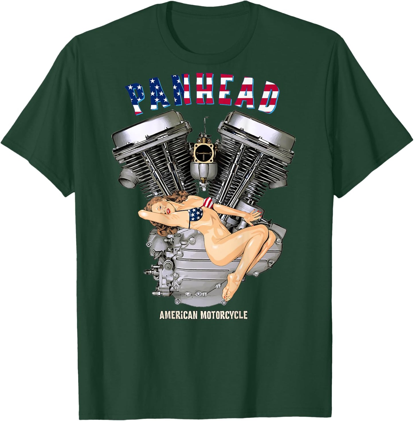USA Panhead Motorcycle Sexy Retro Pinup Flag Biker Gear T-Shirt - T-Shirt | Forest