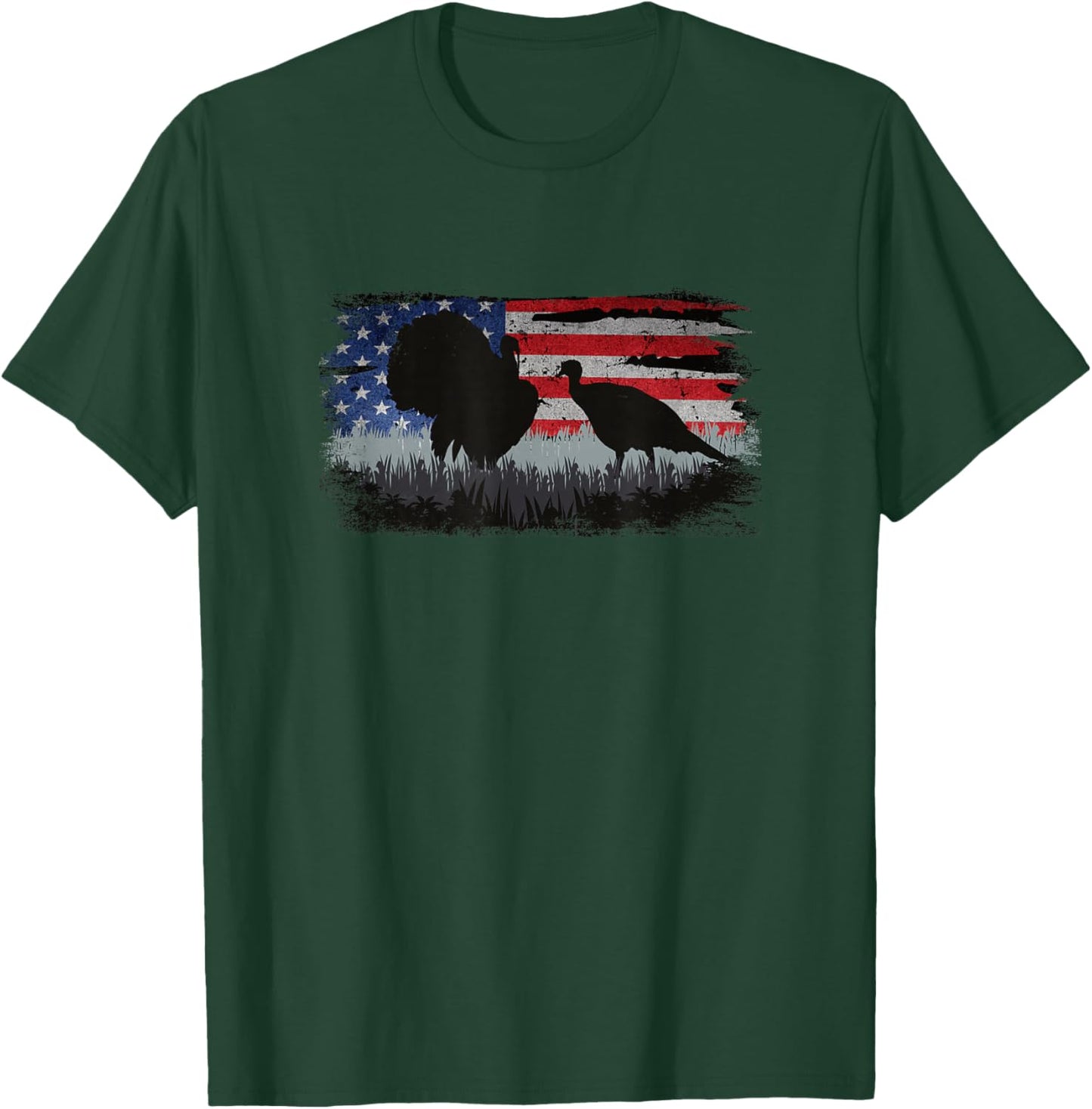 Turkey Hunter - Fun Turkey Hunting Patriotic USA Flag T-Shirt - T-Shirt | Forest