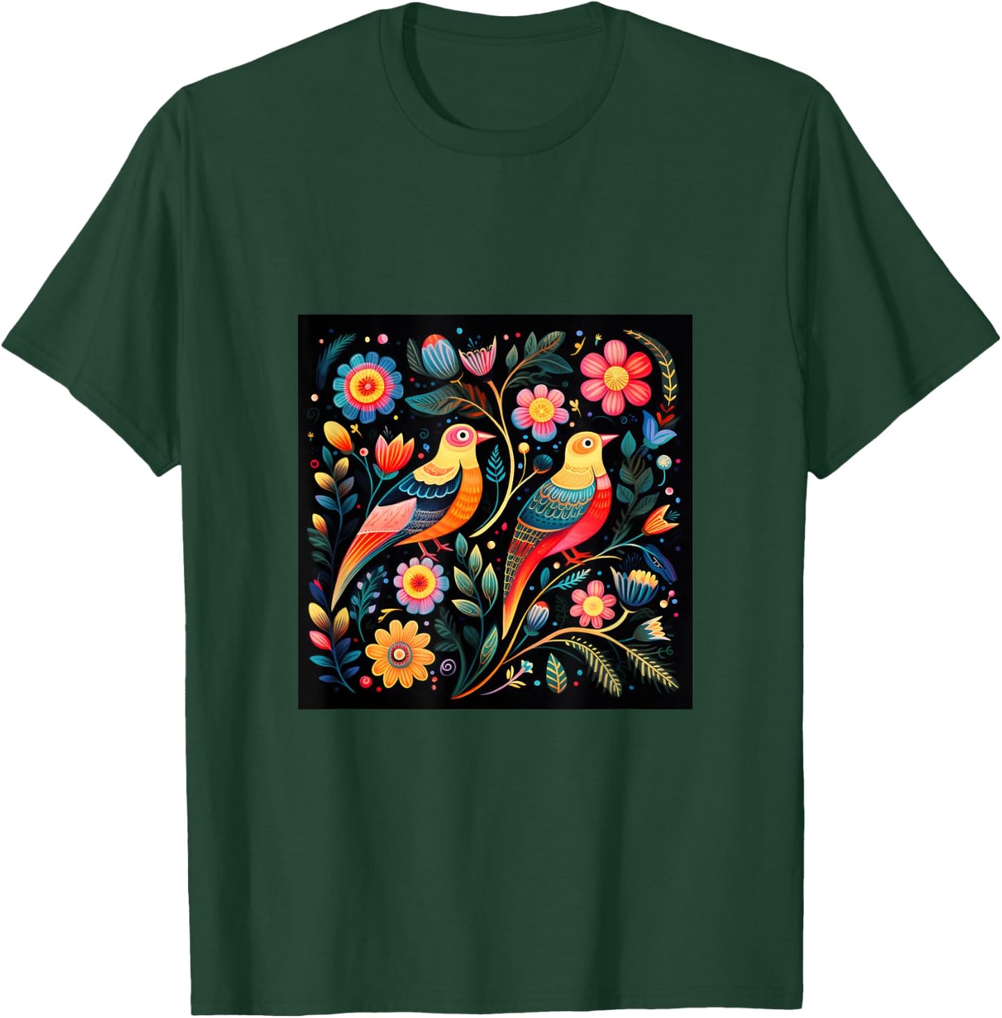 Mexican Embroidery Pattern Art Birds Flowers T-Shirt - T-Shirt | Forest