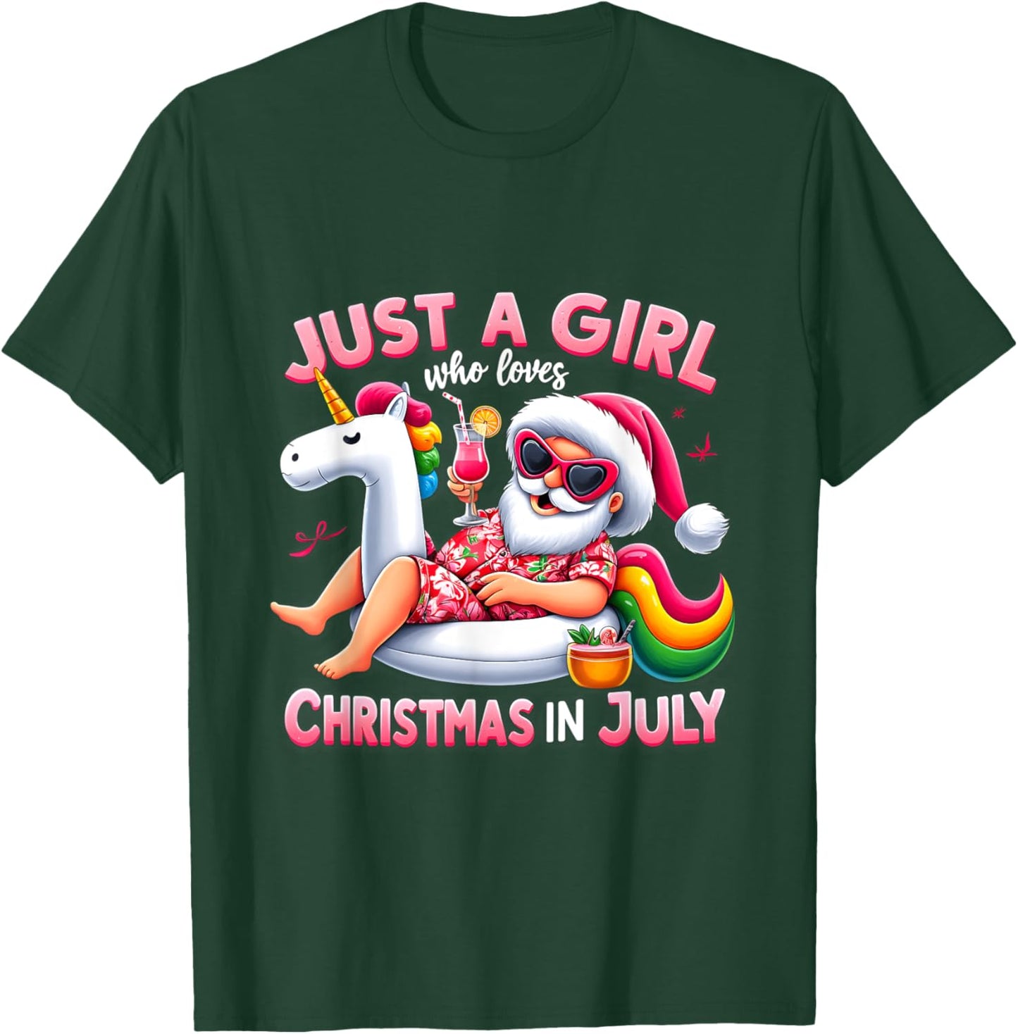 Just A Girl Who Loves Christmas in July Funny Santa Unicorn T-Shirt - T-Shirt | Forest
