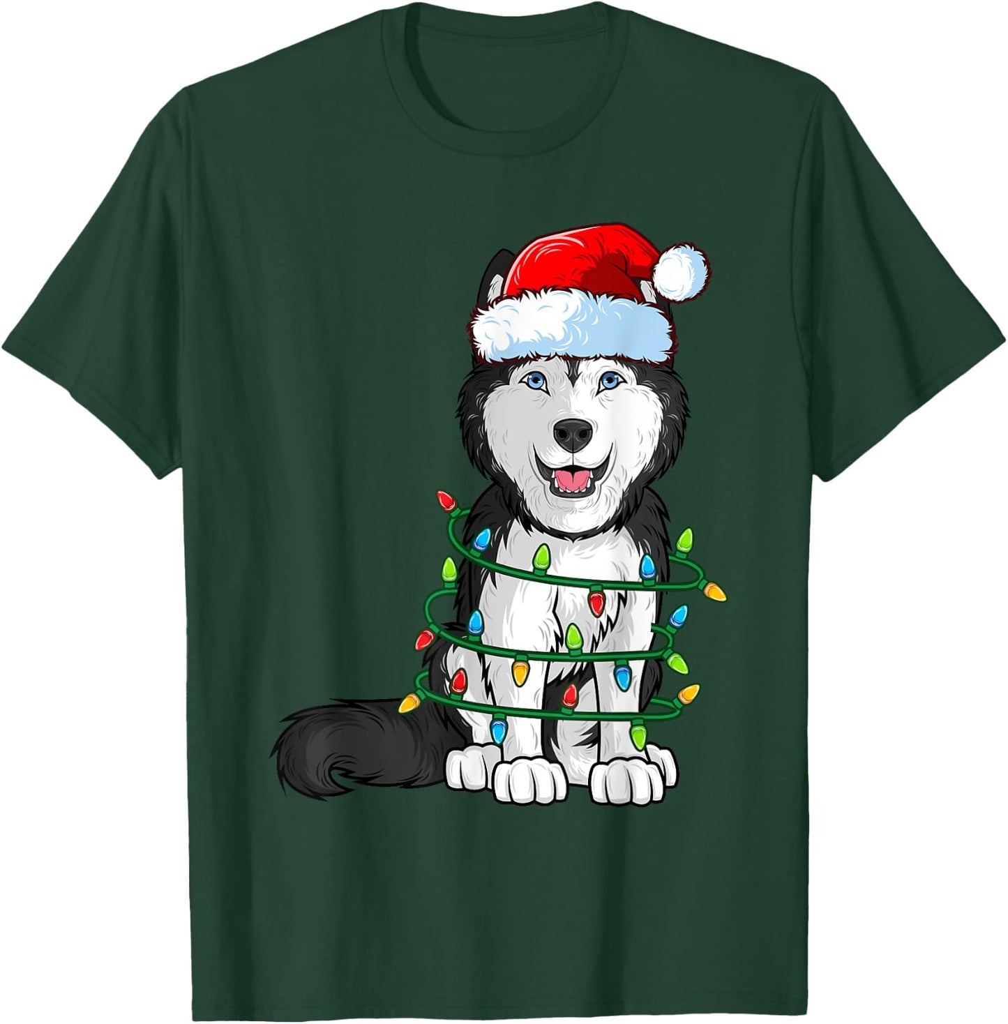 Siberian Husky Christmas Santa Hat Xmas Lights Dog Boys Girl T-Shirt - T-Shirt | Forest