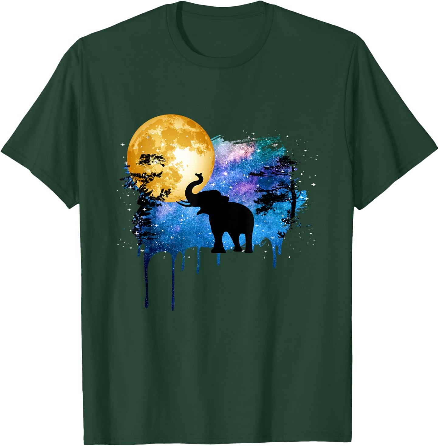 Elephant Full Moon Galaxy Star Night Nature Graphic Art T-Shirt - T-Shirt | Forest