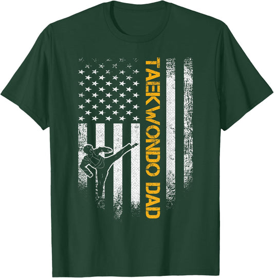 Vintage USA Flag Korea Taekwondo Training Dad Silhouette T-Shirt - T-Shirt | Forest