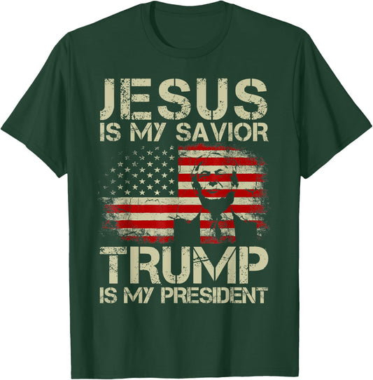 Jesus Is My Savior Trump Is My President Trump 2024 USA Flag T-Shirt - T-Shirt | Forest