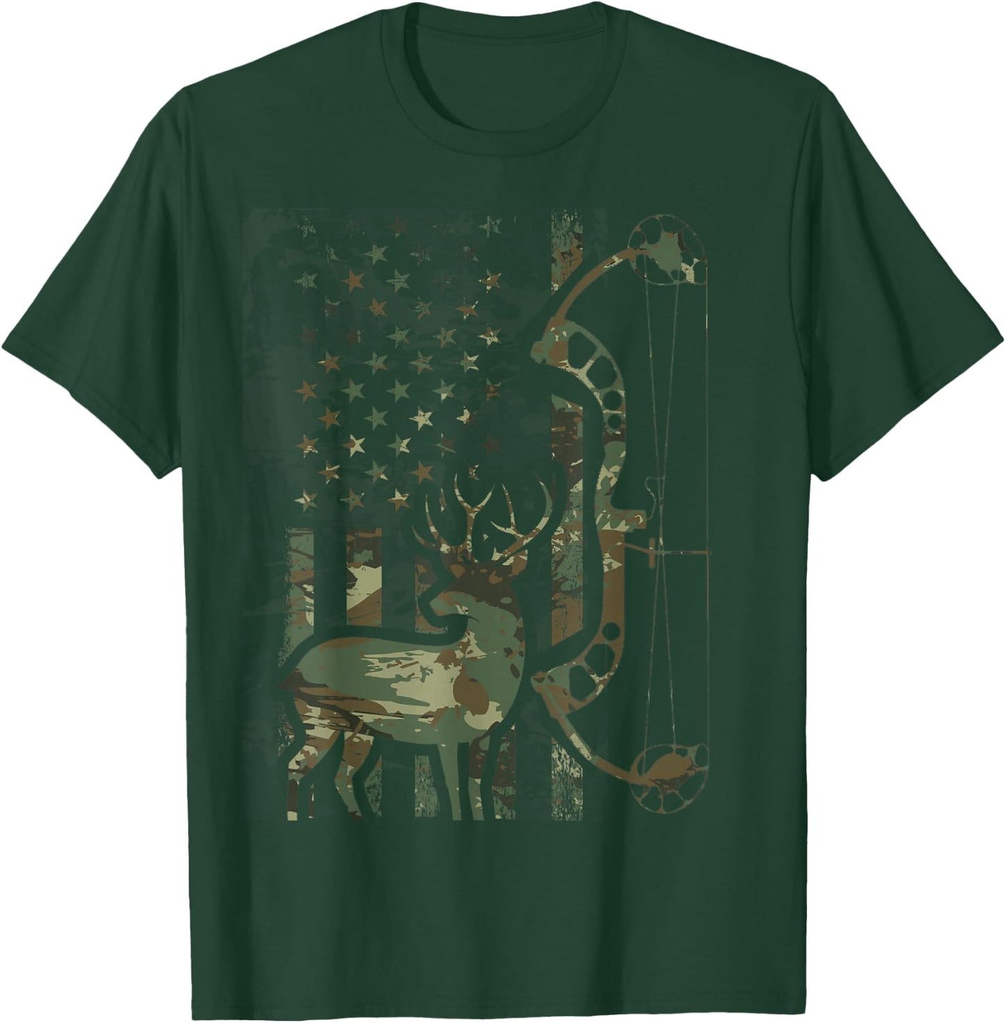 Camo American Flag Buck Hunting Men Recurve Bow Hunter T-Shirt - T-Shirt | Forest