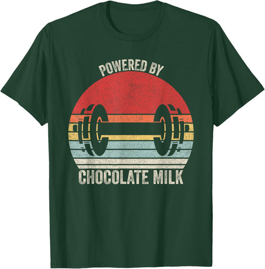 Vintage Retro Powered By Chocolate Milk Shirt Weight Lifting T-Shirt - T-Shirt | Forest