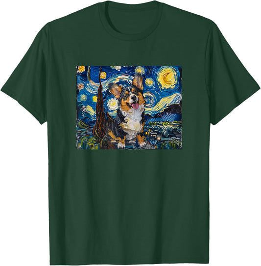 Funny Retro Vintage Starry Night Black Tricolor Corgi Lover T-Shirt - T-Shirt | Forest