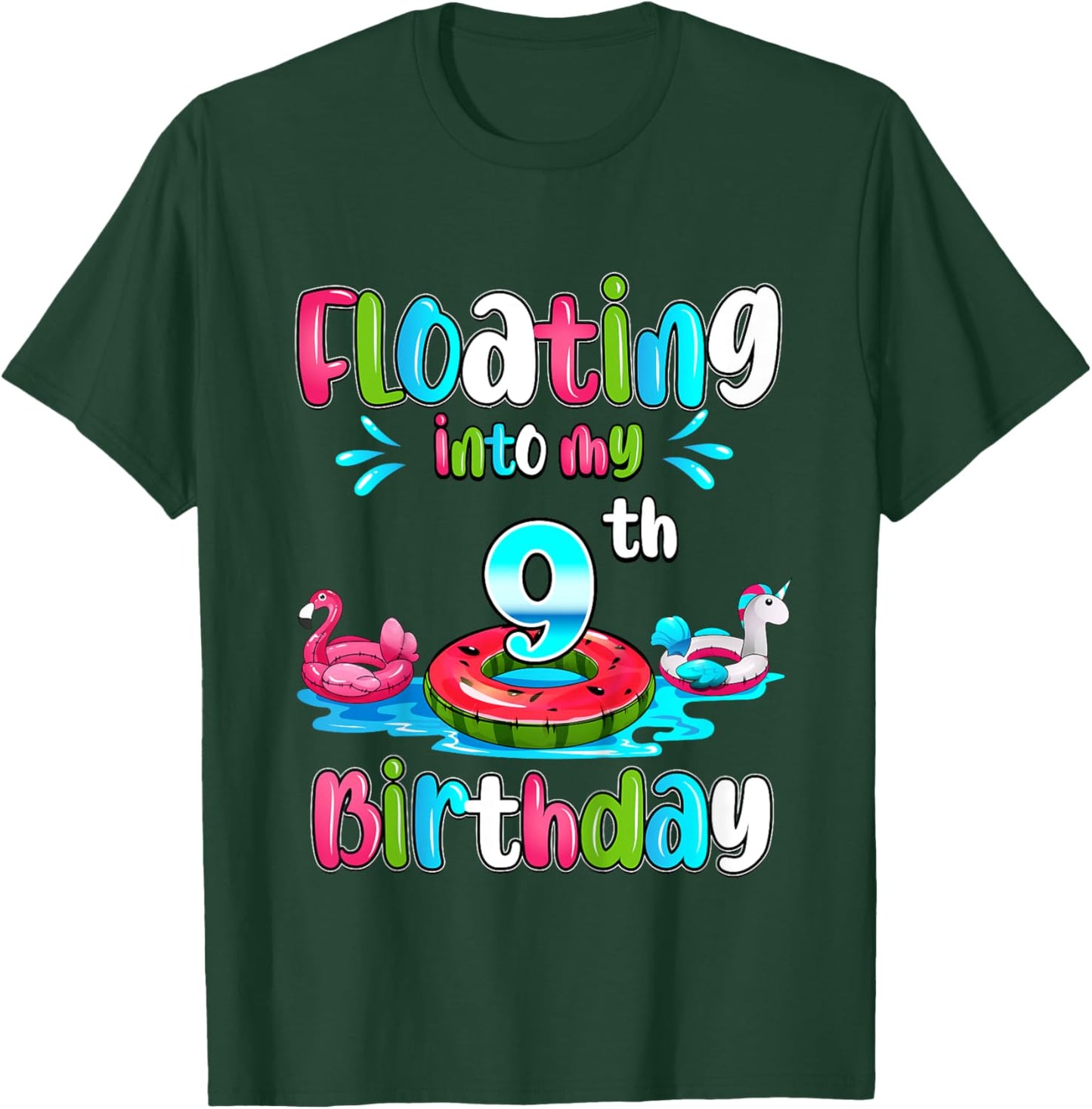 Kids Floating Into My 9th Birthday Pool Party Float 9 Years Old T-Shirt - T-Shirt | Forest