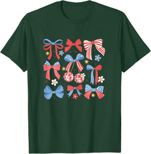 Coquette Red White & Blue Patriotic Bows Retro July 4th T-Shirt - T-Shirt | Forest