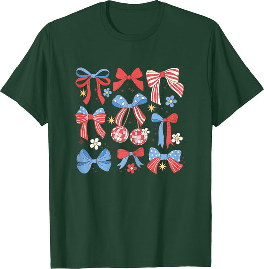 Coquette Red White & Blue Patriotic Bows Retro July 4th T-Shirt - T-Shirt | Forest