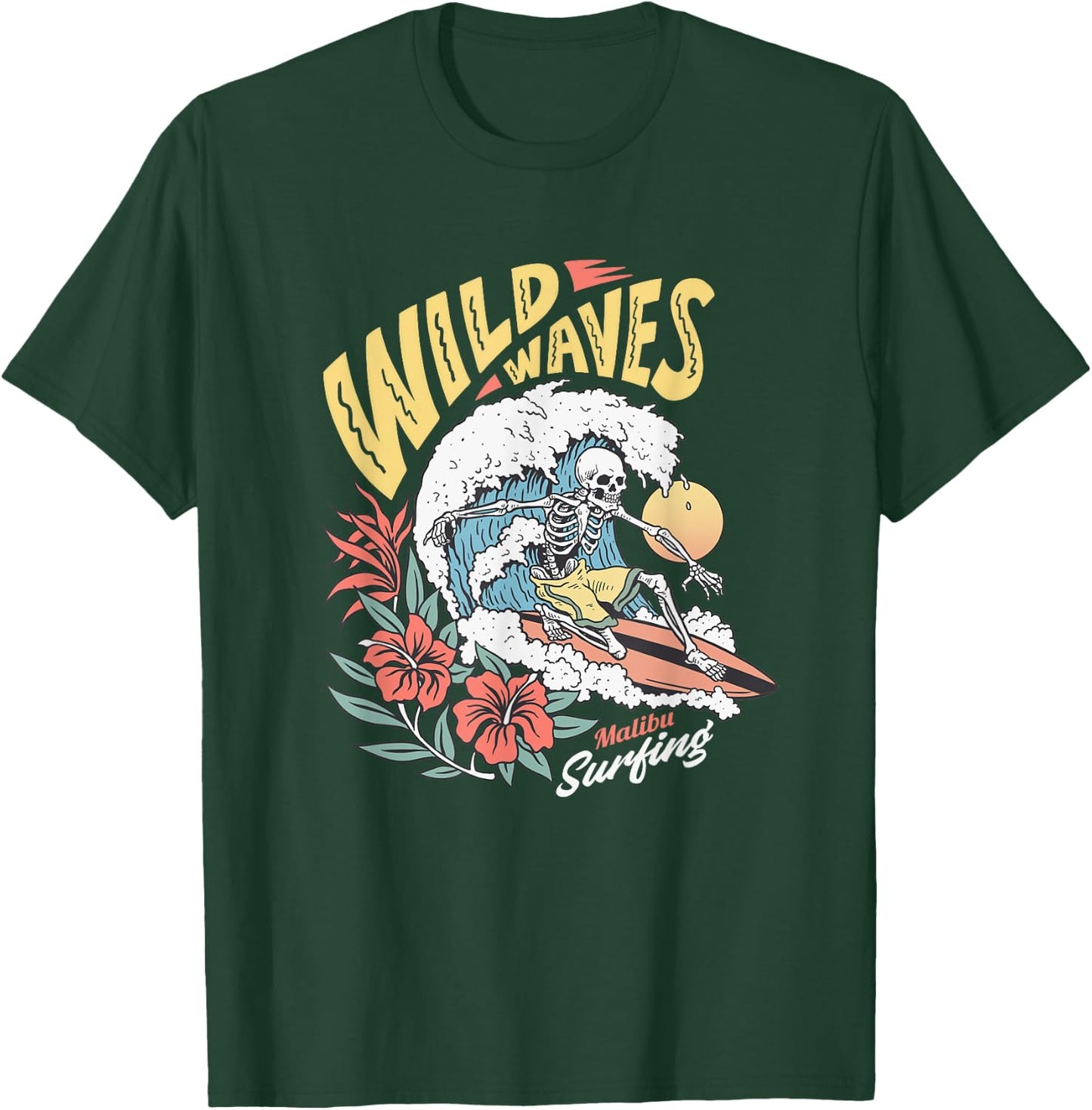 Funny Wild Waves Surfing Skeleton Malibu California Beach T-Shirt - T-Shirt | Forest