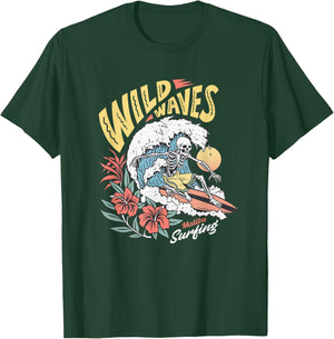 Funny Wild Waves Surfing Skeleton Malibu California Beach T-Shirt - T-Shirt | Forest
