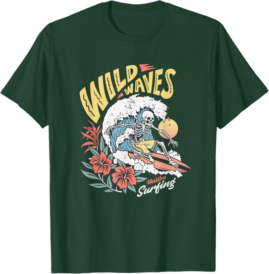 Funny Wild Waves Surfing Skeleton Malibu California Beach T-Shirt - T-Shirt | Forest
