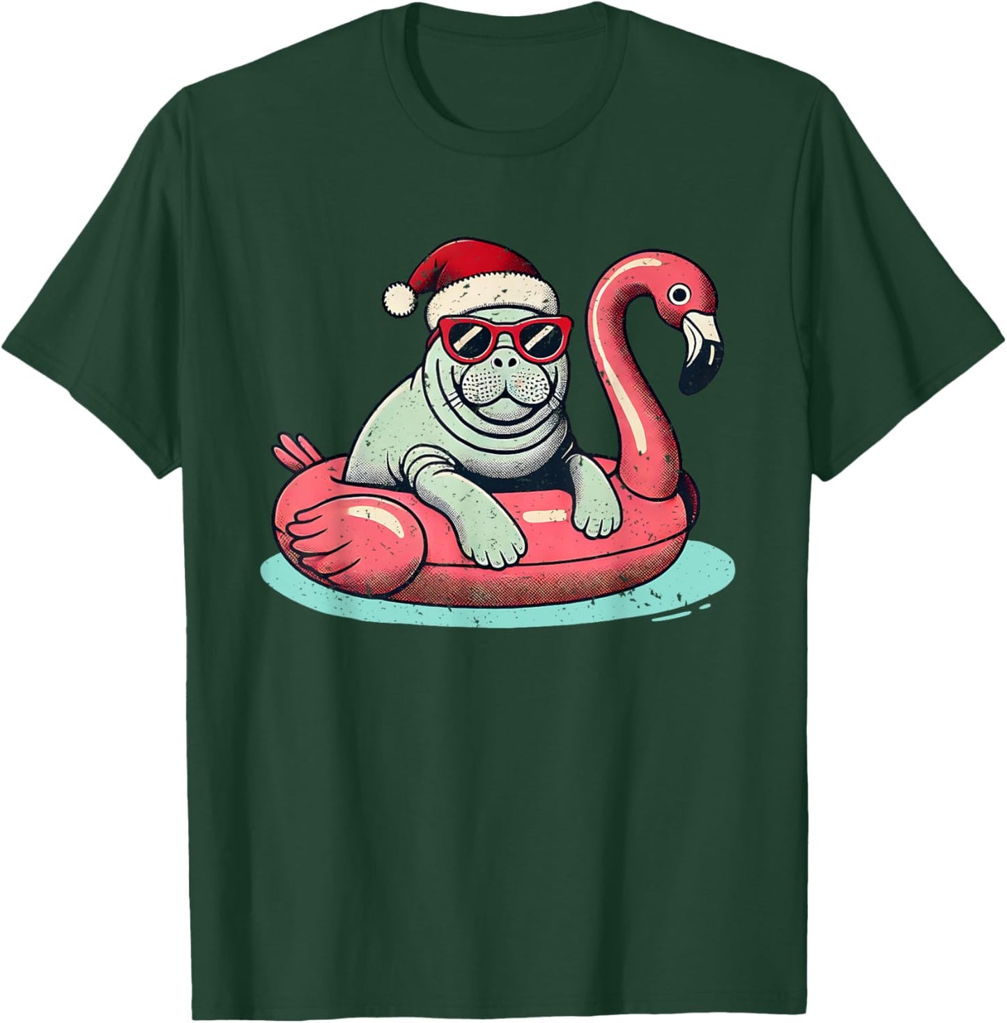 Funny Christmas in July Manatee Santa Flamingo Floatie T-Shirt - T-Shirt | Forest
