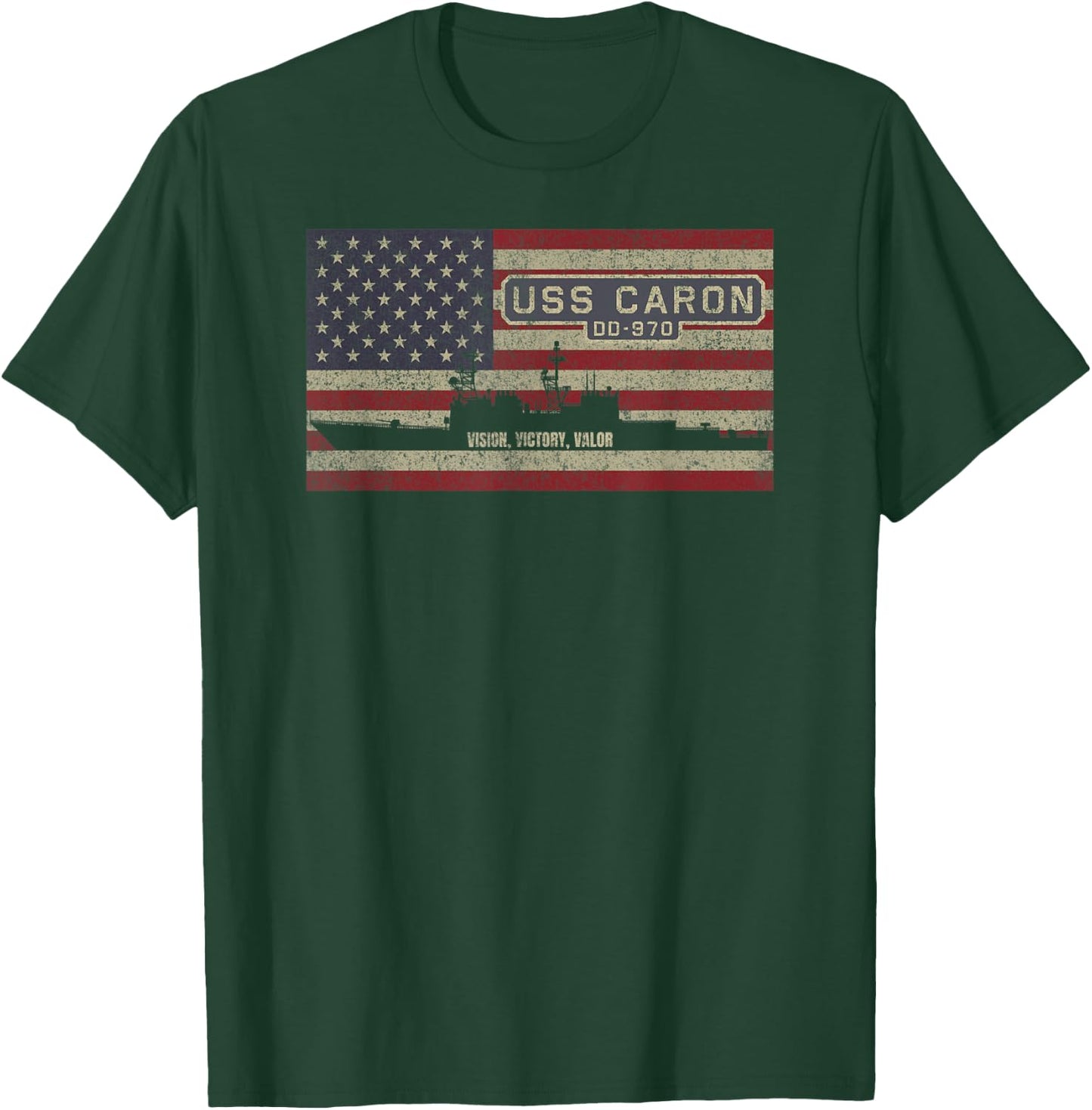 USS Caron DD-970 Destroyer Ship USA American Flag Kids Men T-Shirt - T-Shirt | Forest