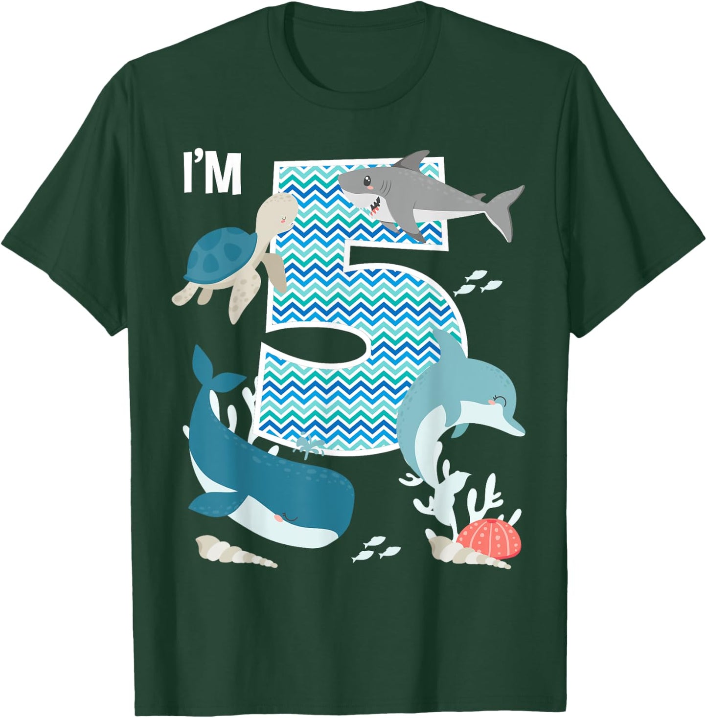 Kids 5 Year Old Ocean Life Whale Dolphin Shark 5th Birthday T-Shirt - T-Shirt | Forest