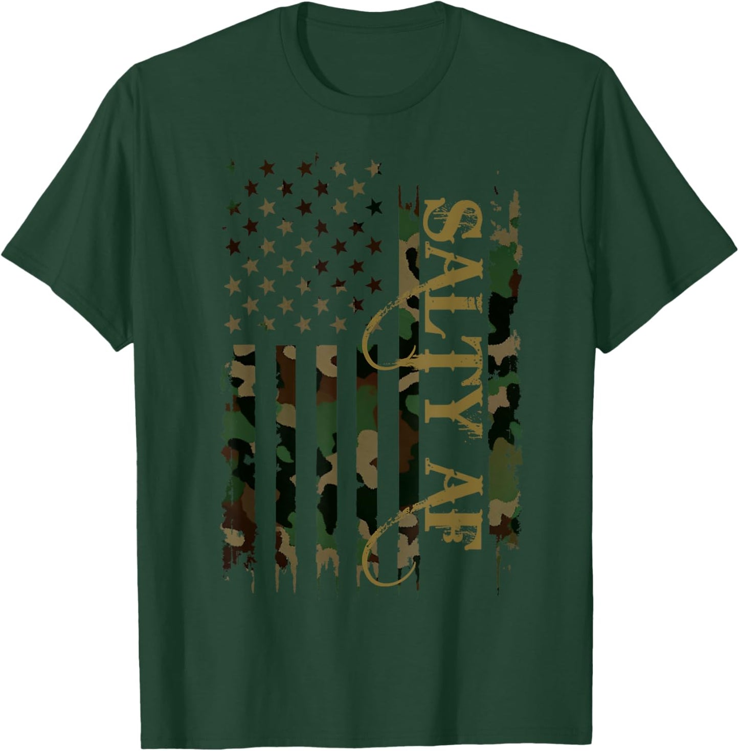 Salty AF United States Distressed Camo w US Flag T-Shirt - T-Shirt | Forest