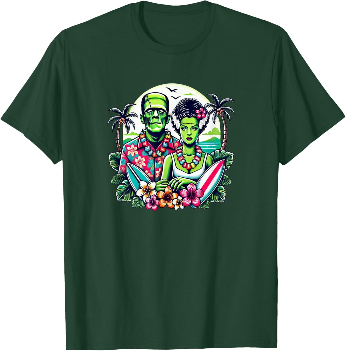 Frankenstein Monster and Bride Tropical Hawaiian Beach Women Girls Kids T-Shirt - T-Shirt | Forest