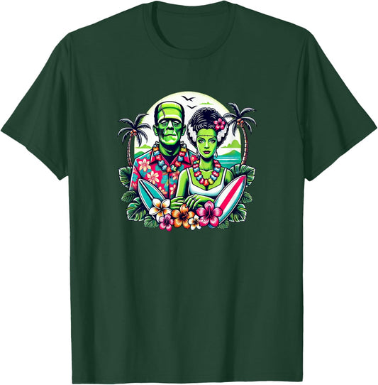 Frankenstein Monster and Bride Tropical Hawaiian Beach Women Girls Kids T-Shirt - T-Shirt | Forest