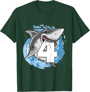 Kids Shark 4th Birthday Boy 4 year old Shark Theme Party 4 Shark T-Shirt - T-Shirt | Forest