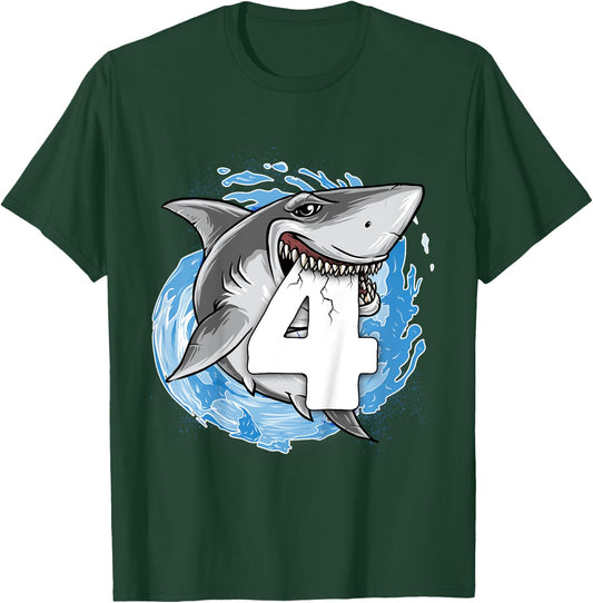 Kids Shark 4th Birthday Boy 4 year old Shark Theme Party 4 Shark T-Shirt - T-Shirt | Forest