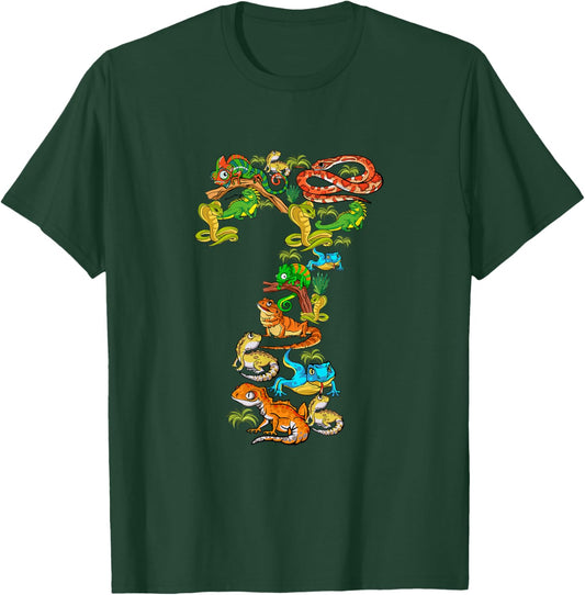 Kids 7th Birthday Reptiles Lizards Themed 7 Year Old Boys T-Shirt - T-Shirt | Forest