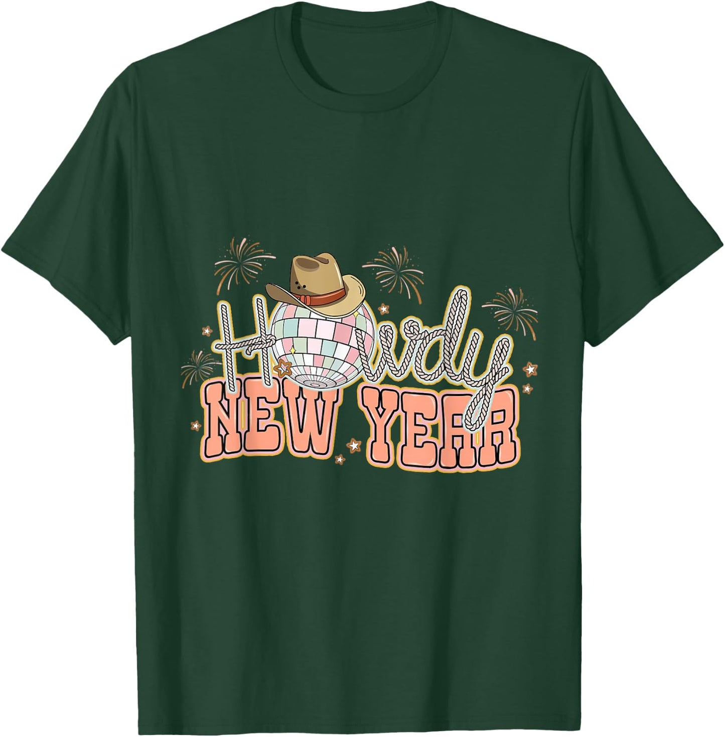 Howdy New Year 2024 Western Cowgirl Hat And Disco Balls T-Shirt - T-Shirt | Forest