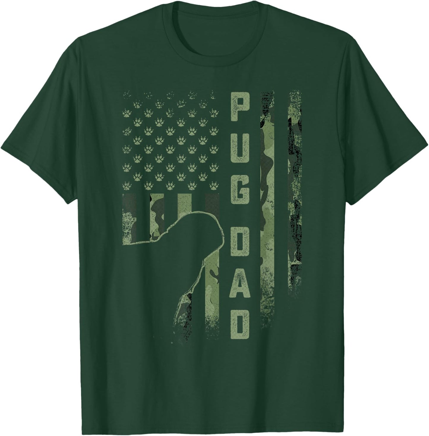 Vintage USA American Camo Flag Proud Pug Dog Dad Silhouette Men Women T-Shirt - T-Shirt | Forest