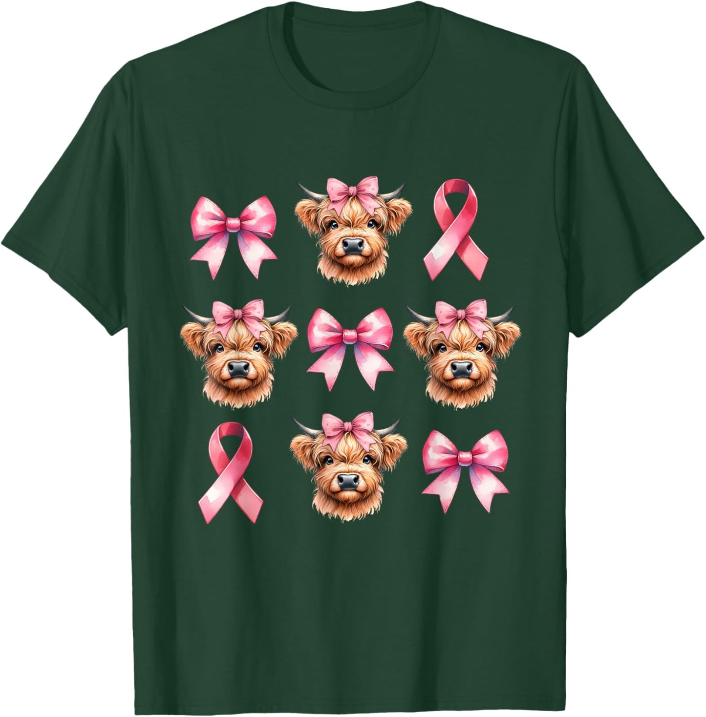 Coquette Bow Pink Ribbon Highland Cow Pink Breast Cancer T-Shirt - T-Shirt | Forest