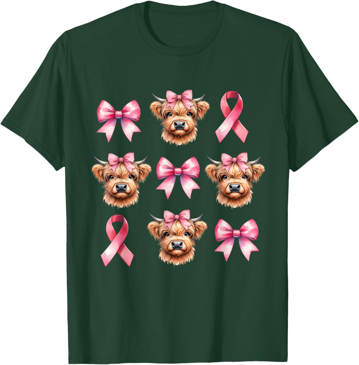 Coquette Bow Pink Ribbon Highland Cow Pink Breast Cancer T-Shirt - T-Shirt | Forest