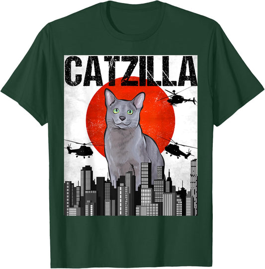 Funny Vintage Japanese Catzilla Russian Blue Cat Men Women T-Shirt - T-Shirt | Forest
