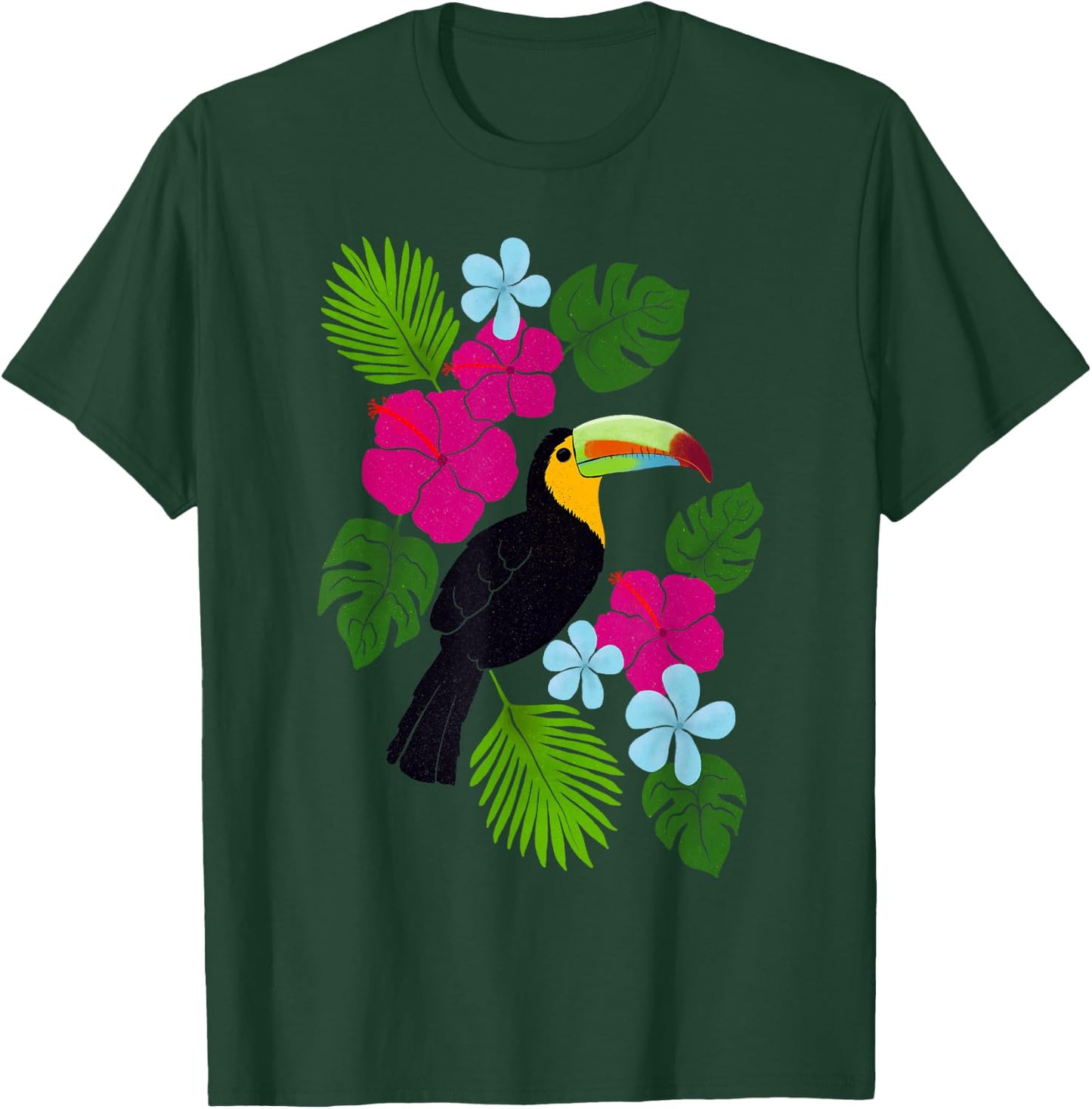 Tropical Toucan With Bright Florals and Leaves T-Shirt - T-Shirt | Forest