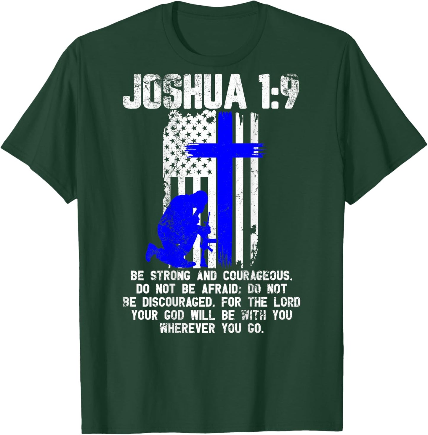 Thin Blue Line Police Cross Bible Verse Christian USA Flag Women Men T-Shirt - T-Shirt | Forest