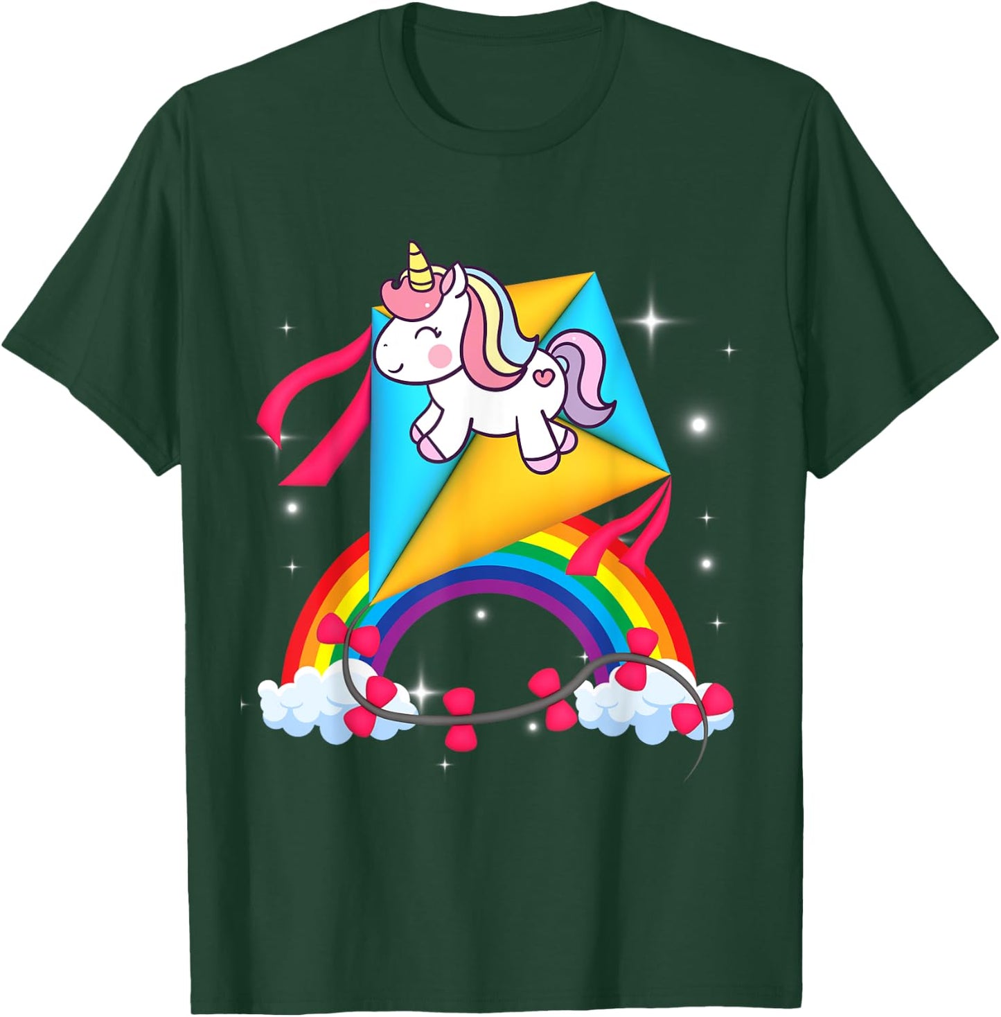 Unicorn Riding Kite Women Men Kids Teens Boys Girls Rainbow T-Shirt - T-Shirt | Forest
