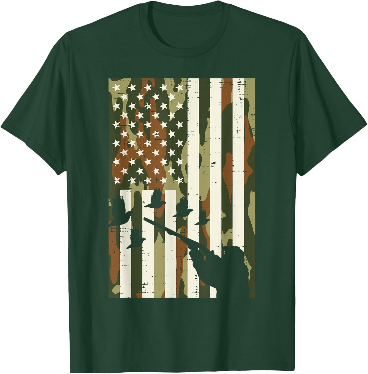 Camo US Flag Quail Pheasant Hunting Upland Hunt Patriotic T-Shirt - T-Shirt | Forest