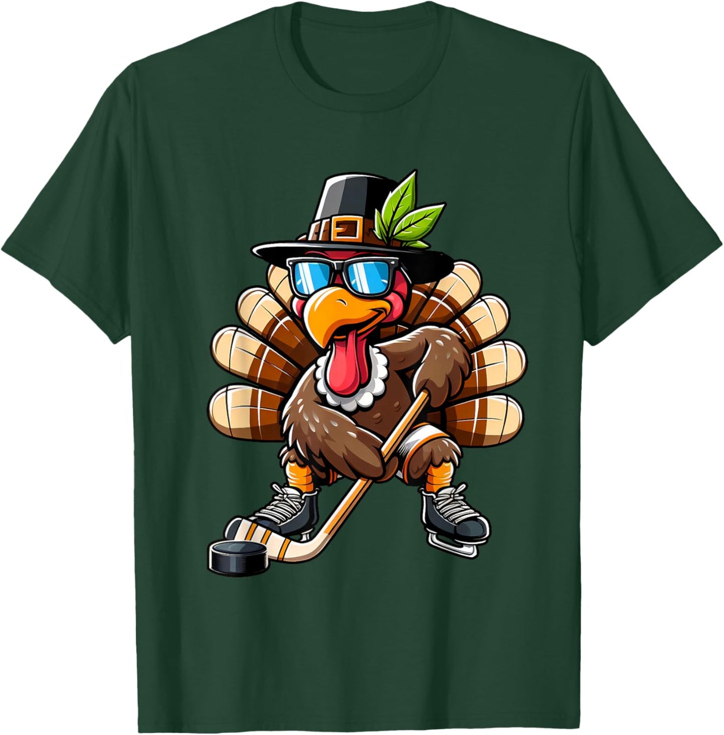 Turkey Hockey Thanksgiving Fall Turkey Playing Hockey Boys T-Shirt - T-Shirt | Forest