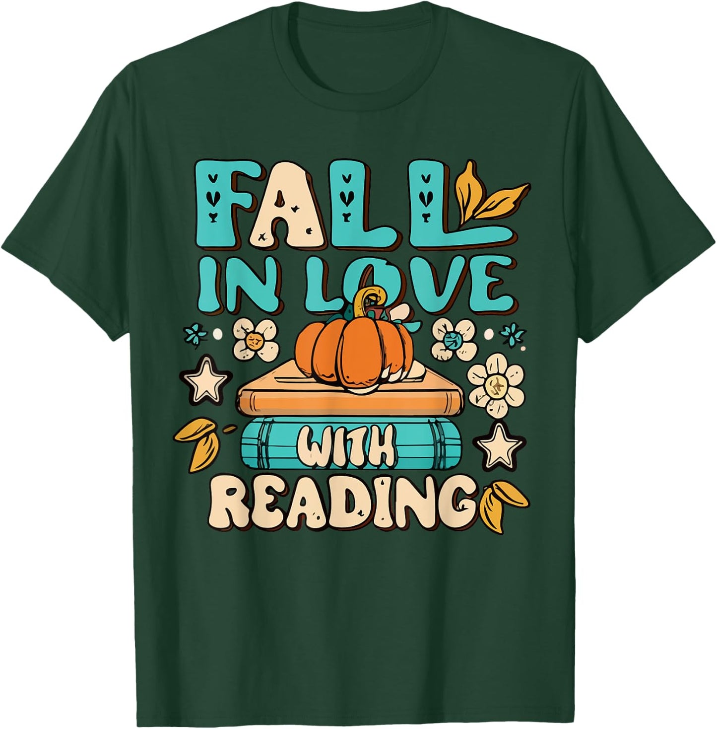 Fall In Love With Reading Book Autumn Pumpkins And Teachers Women Kids T-Shirt - T-Shirt | Forest