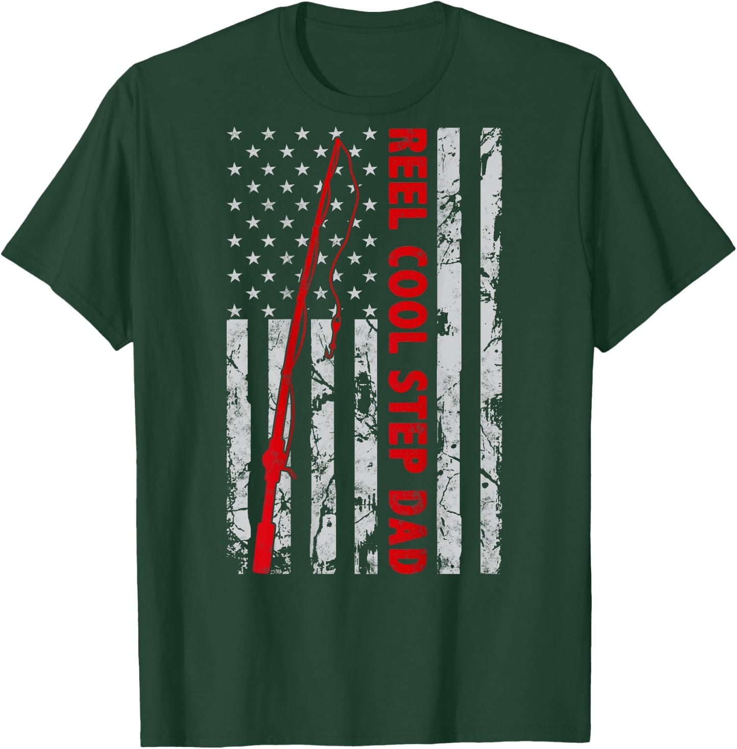 Reel Cool Step Dad Fishing American Flag Gift Fisherman T-Shirt - T-Shirt | Forest