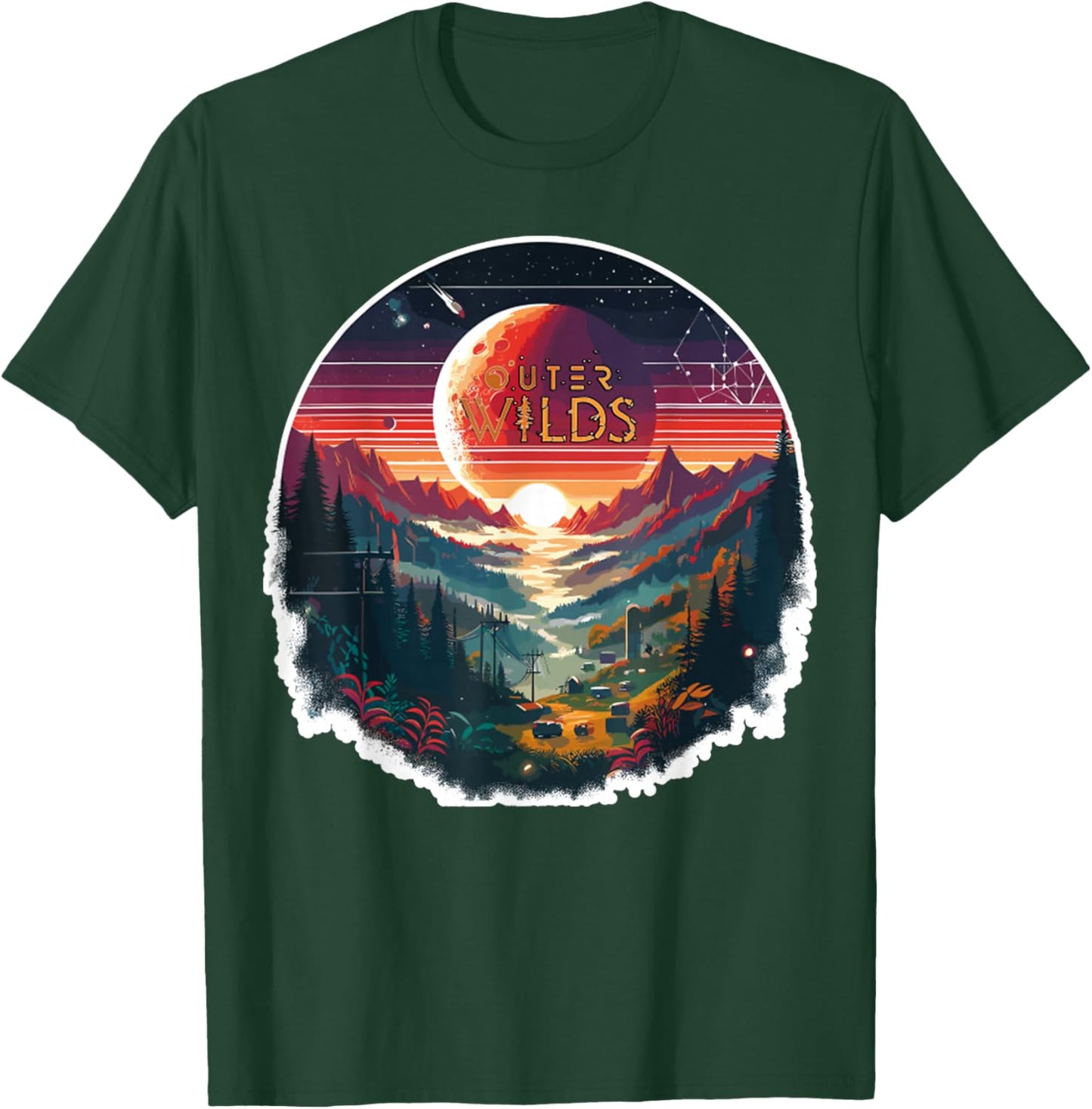 Outer Wilds Text Moon Mountain Forest Tree House Sun T-Shirt - T-Shirt | Forest
