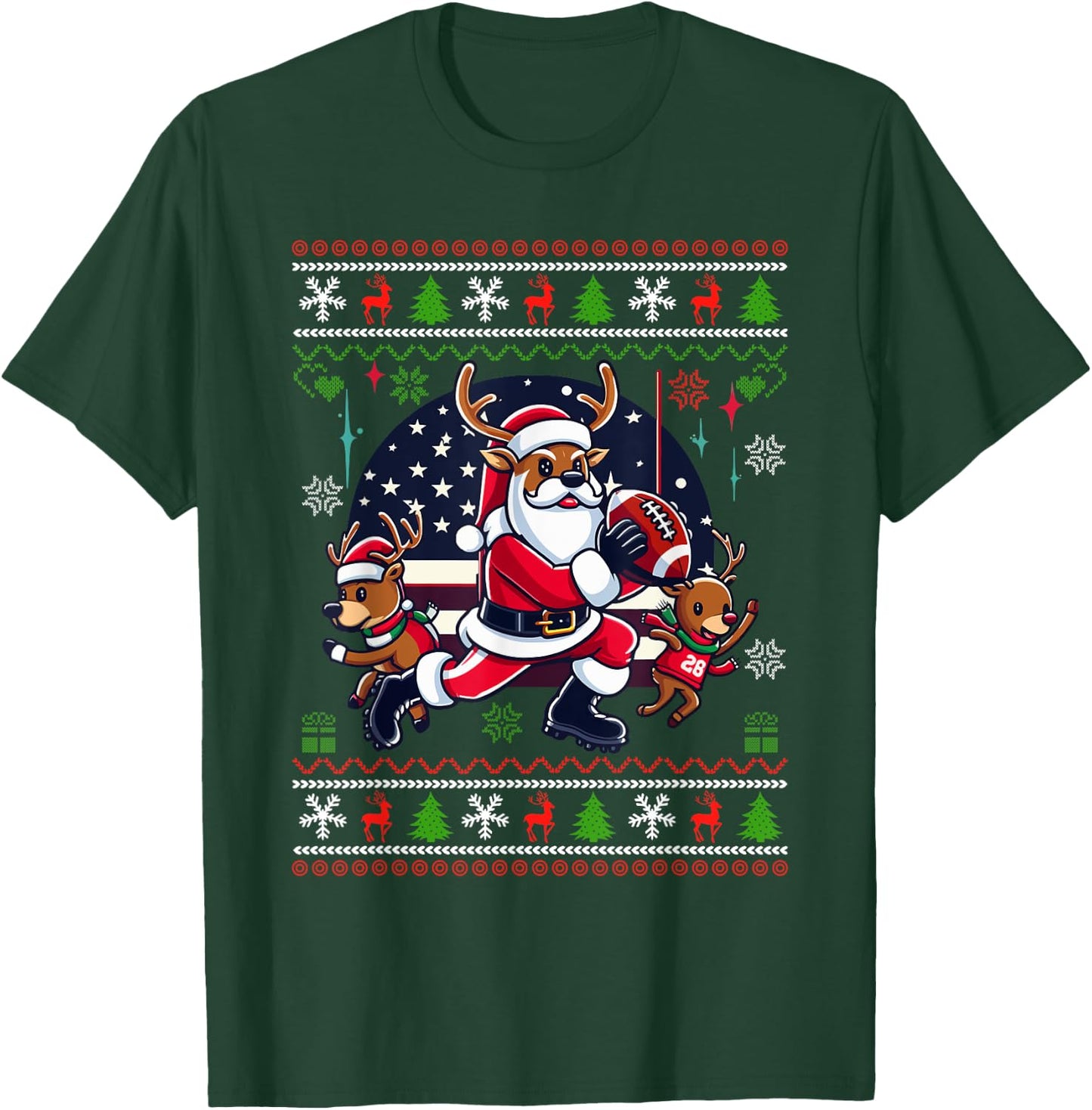 Santa Reindeer Play American Football Ugly Christmas Sweater T-Shirt - T-Shirt | Forest