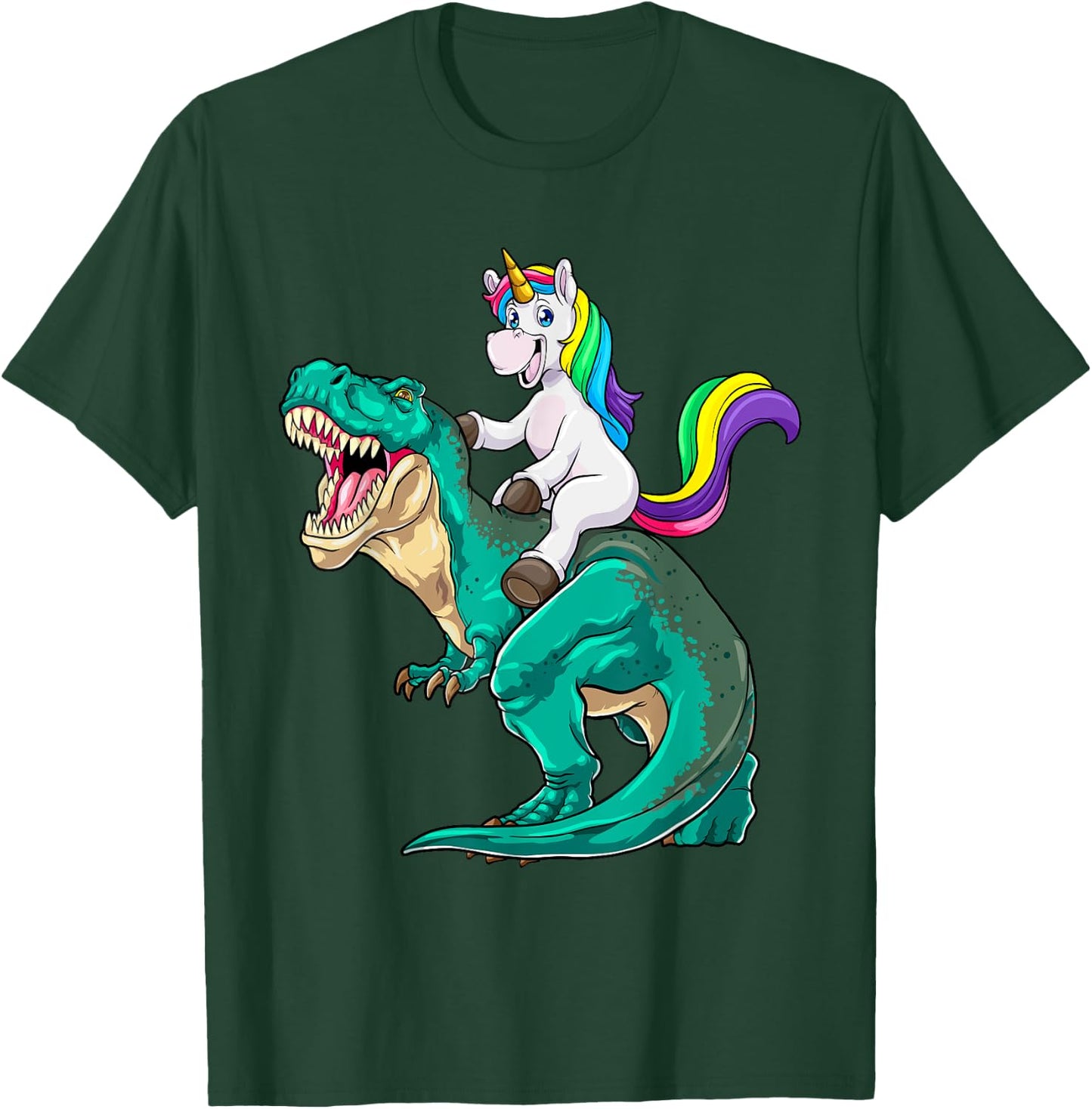 Unicorn Riding T rex Dinosaur Boys Girls Men Women Rainbow T-Shirt - T-Shirt | Forest