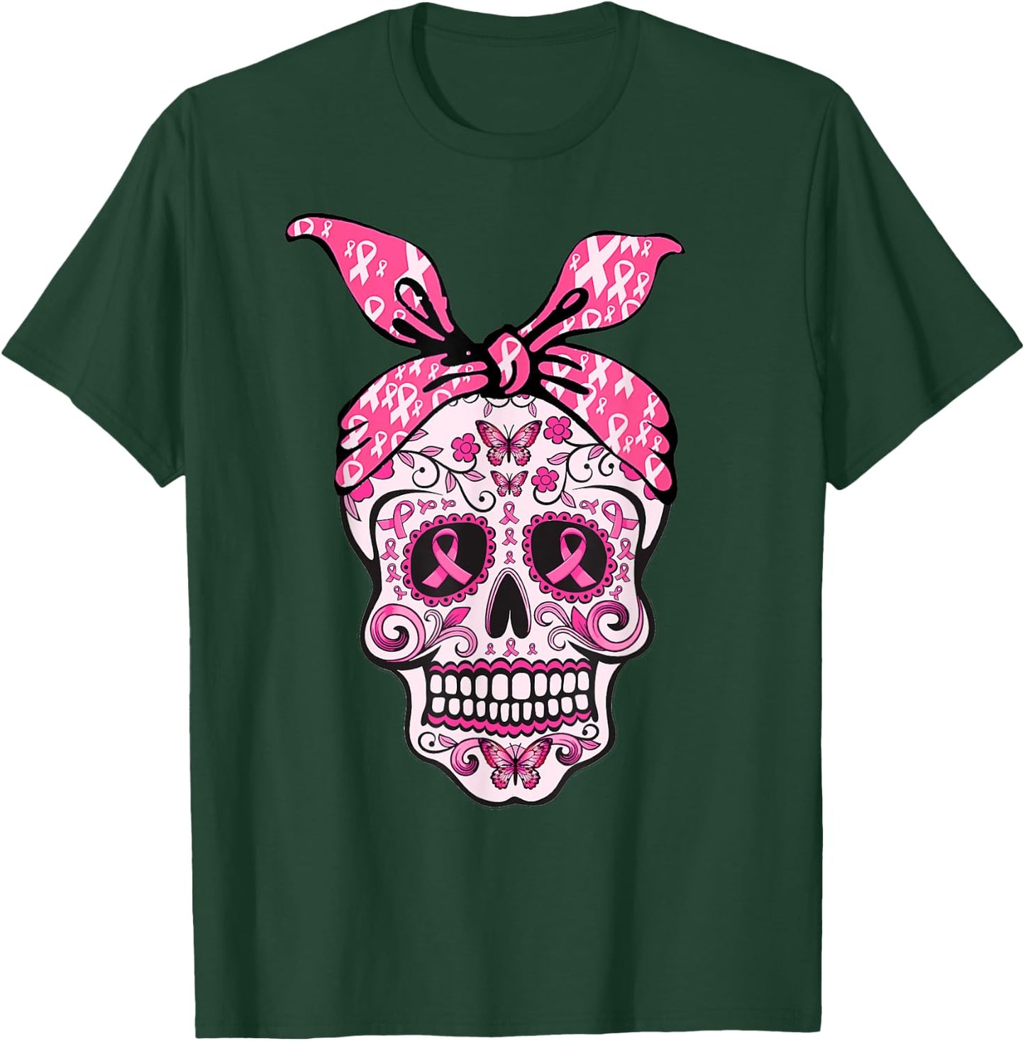 Sugar Skull Pink Ribbon Bandana Calavera Breast Cancer T-Shirt - T-Shirt | Forest