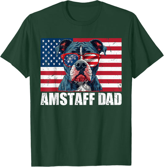 Amstaff Dad American Staffordshire US Flag 4th of July Women Kids Men T-Shirt - T-Shirt | Forest