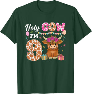 Holy Cow I'm 9 Highland Cow Farming 9th Birthday 9 Years Old T-Shirt - T-Shirt | Forest