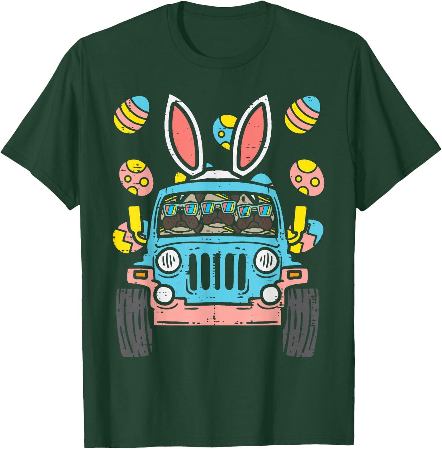 Pugs Monster Truck Bunny Ears Eggs Easter Egg Hunt Boys Kids T-Shirt - T-Shirt | Forest