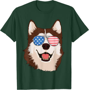 Siberian Husky 4th of July Shirt American Flag Husky Lover T-Shirt - T-Shirt | Forest