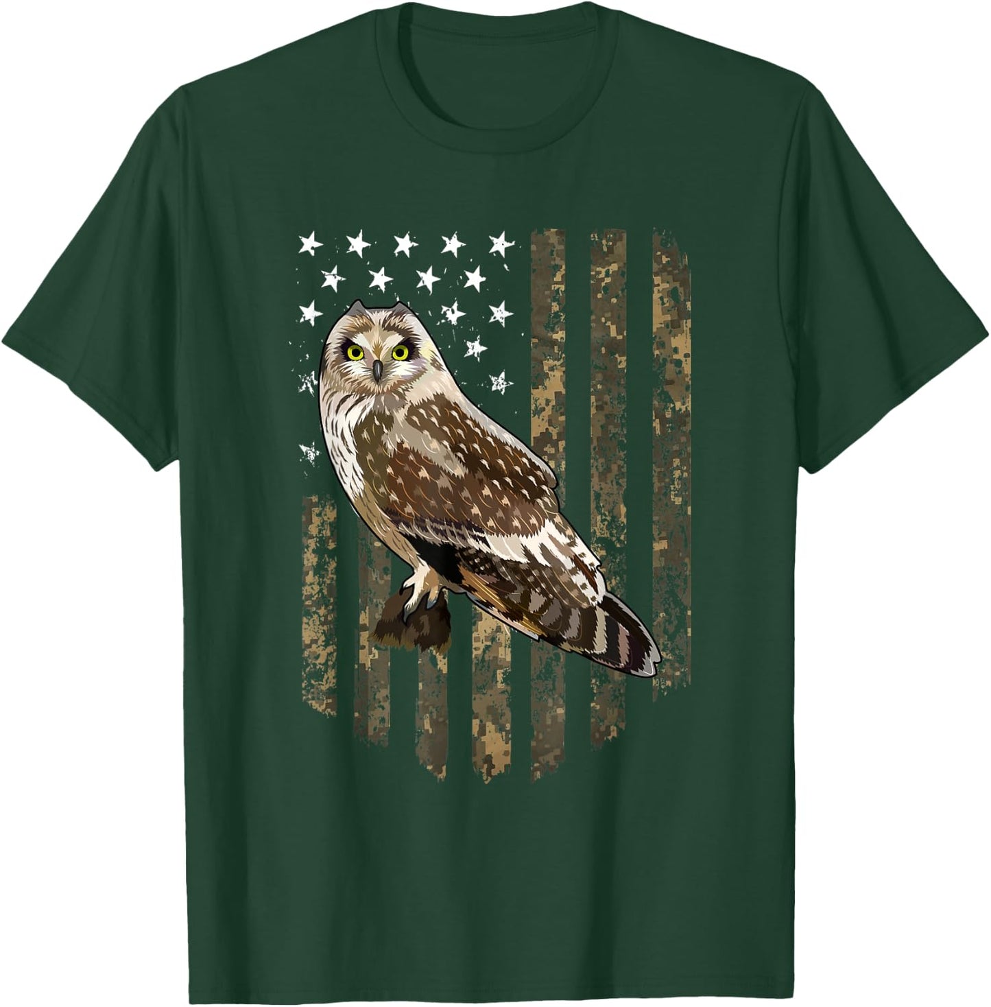 Camo American Flag Short-eared Owl Bird 4th Of July Women Men T-Shirt - T-Shirt | Forest