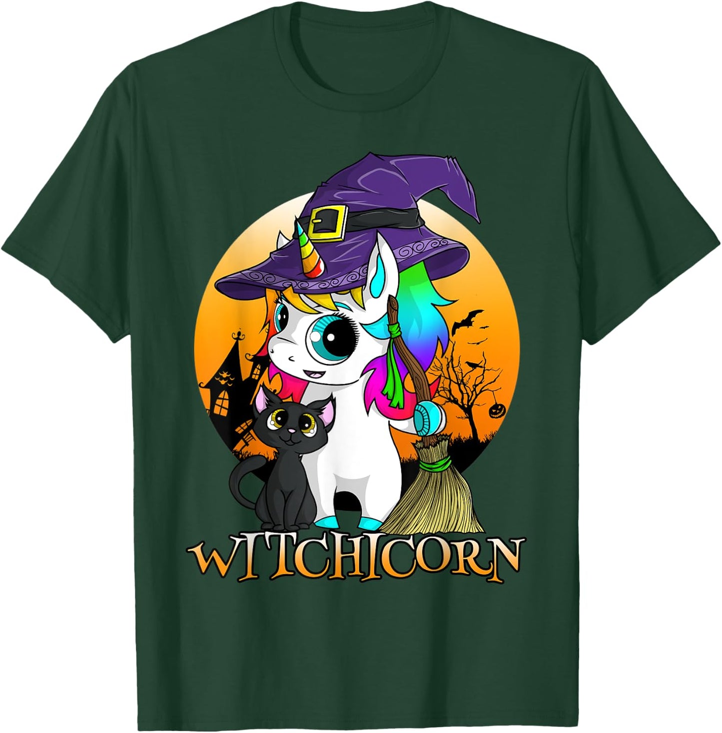 Witchicorn Unicorn Witch Halloween Black Cat Orange Moon T-Shirt - T-Shirt | Forest