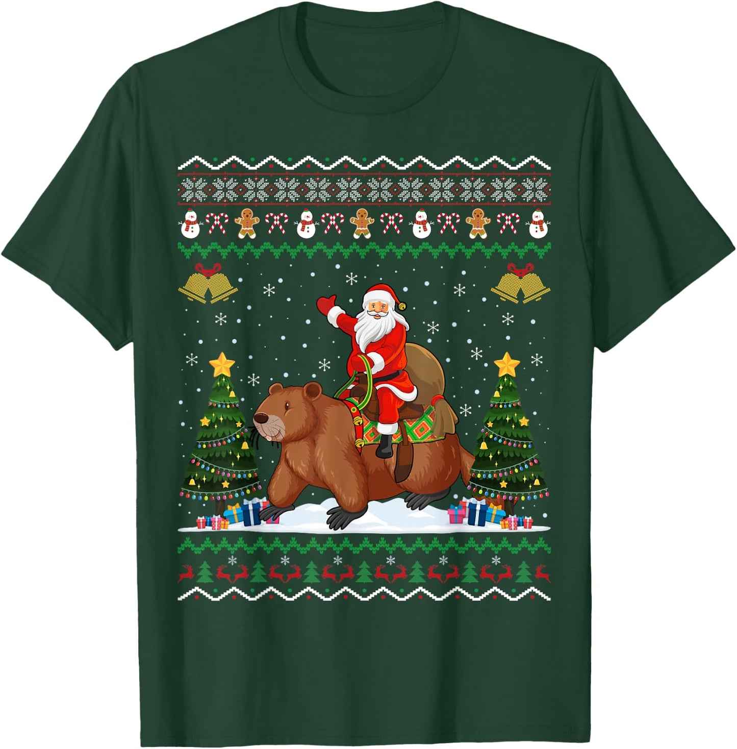 Beaver Ugly Xmas Gift Funny Santa Riding Beaver Christmas T-Shirt - T-Shirt | Forest